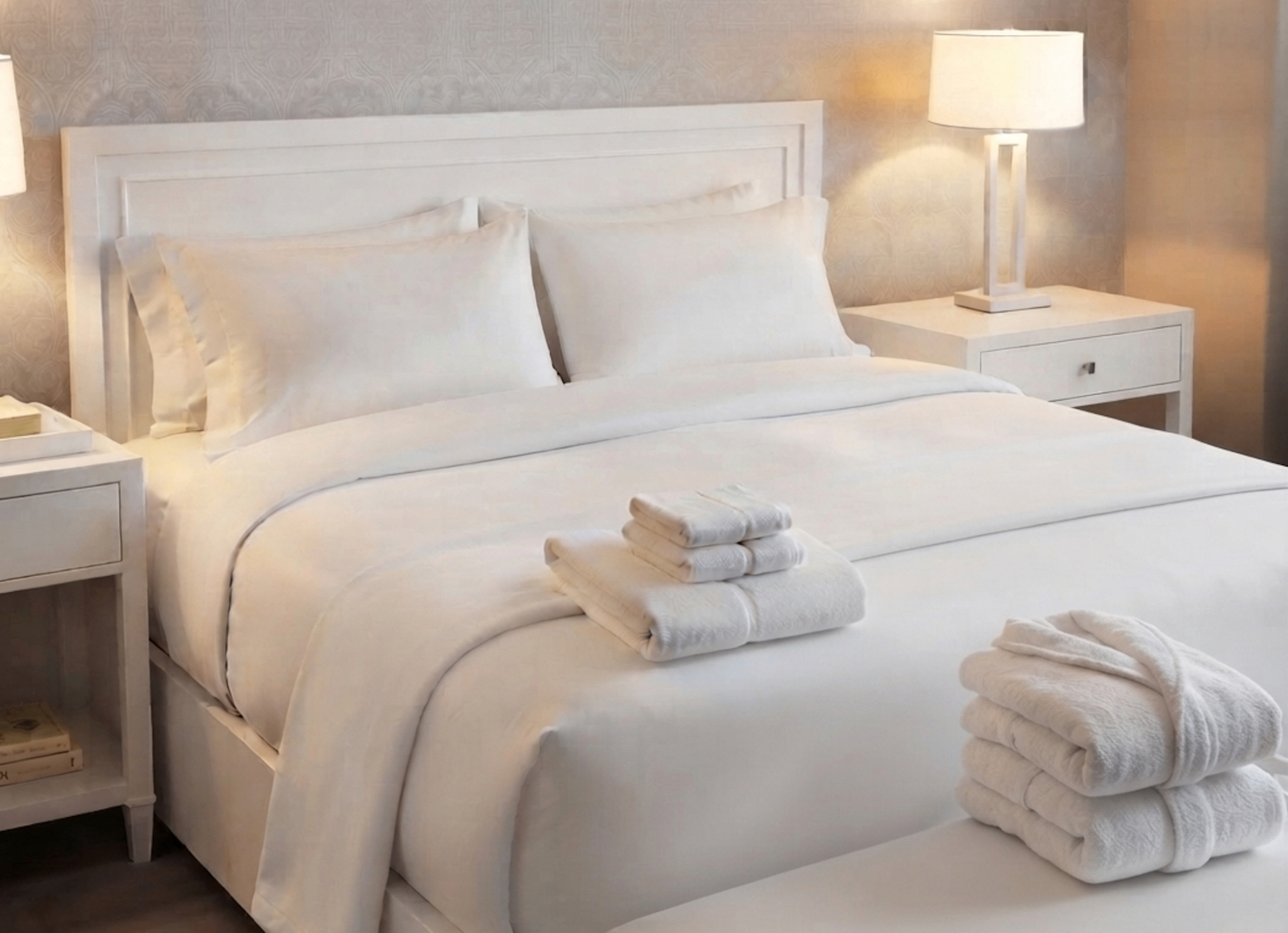 Styled hotel bed with white linens, bath towels, robe, and slippers