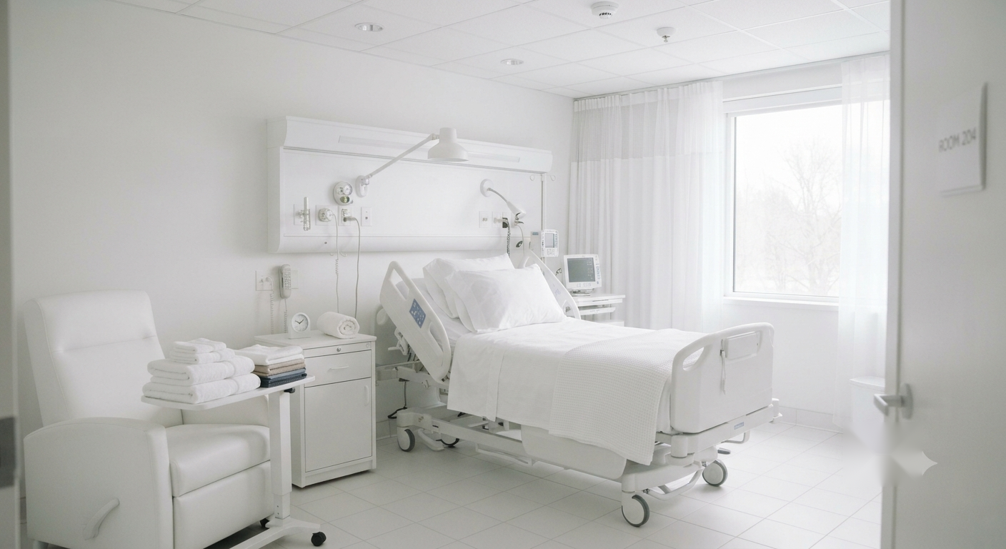 Made hospital bed with crisp white linens in a bright care setting